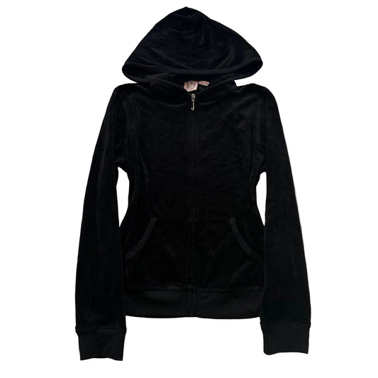 Vintage Juicy Couture Women Black Velour Zip-Up Hoodie Pockets Loungewear Size L