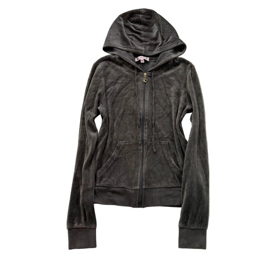 Juicy Couture Women's Charcoal Grey Velour Zip-Up Hoodie Drawstring Y2K Size XS