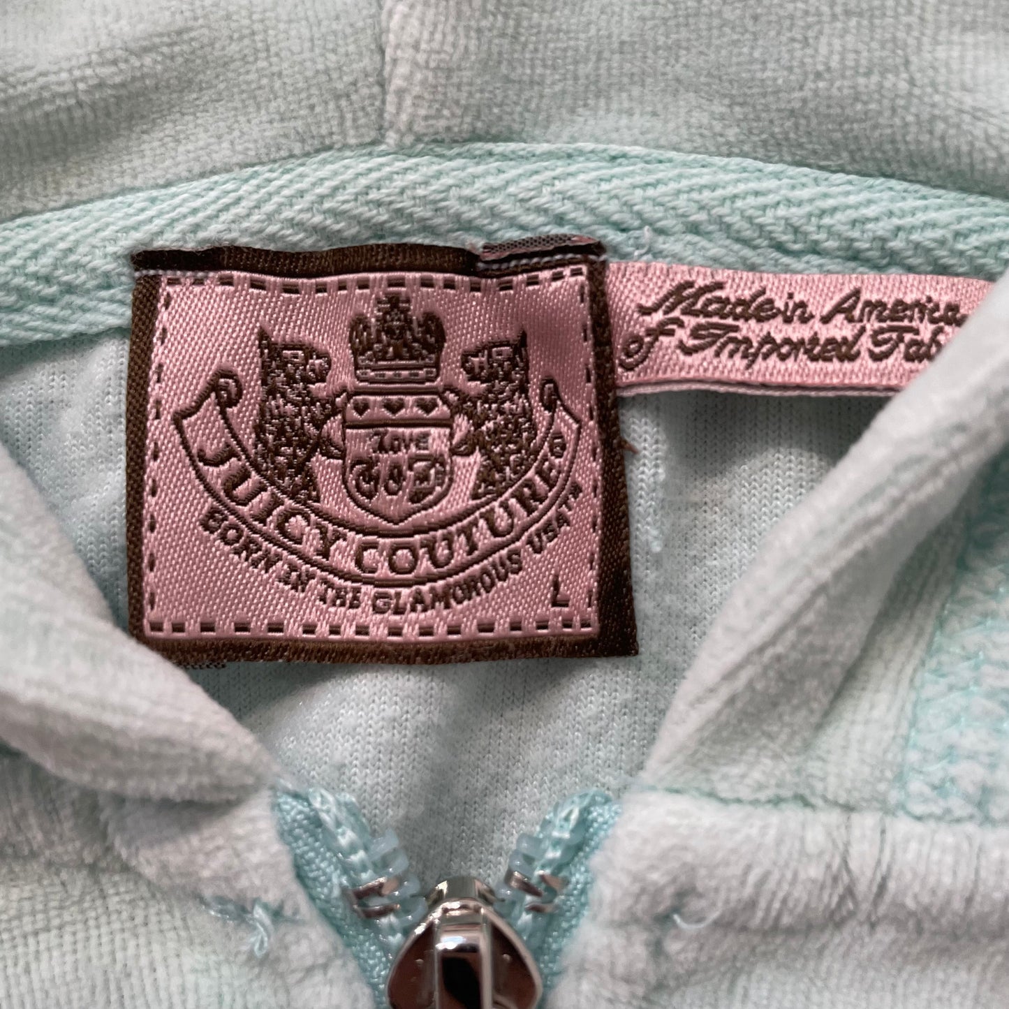Vintage Juicy Couture Women's Mint Blue Velour Zip Up Cropped Hoodie Y2K Size L