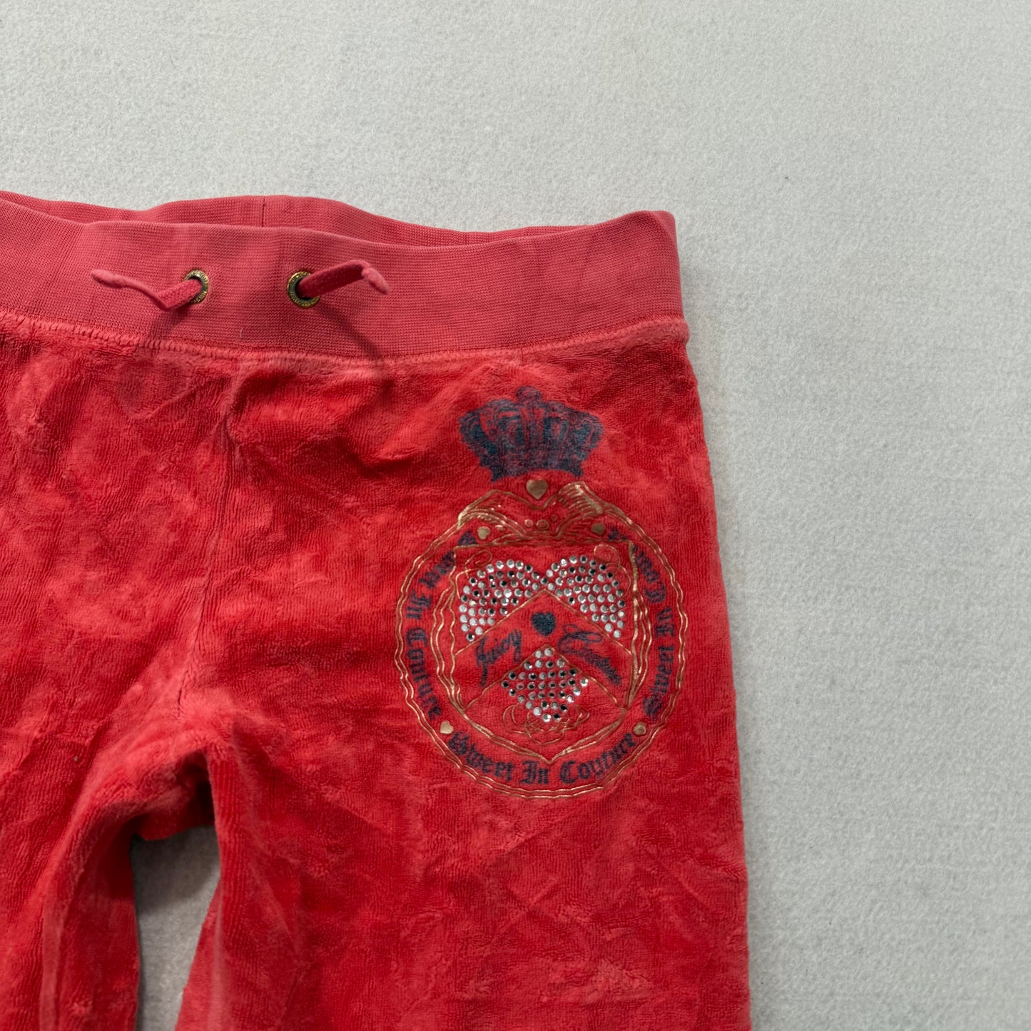 Juicy Couture Women's Cherry Red Velour Flared Track Pant Rhinestone Logo Size 7