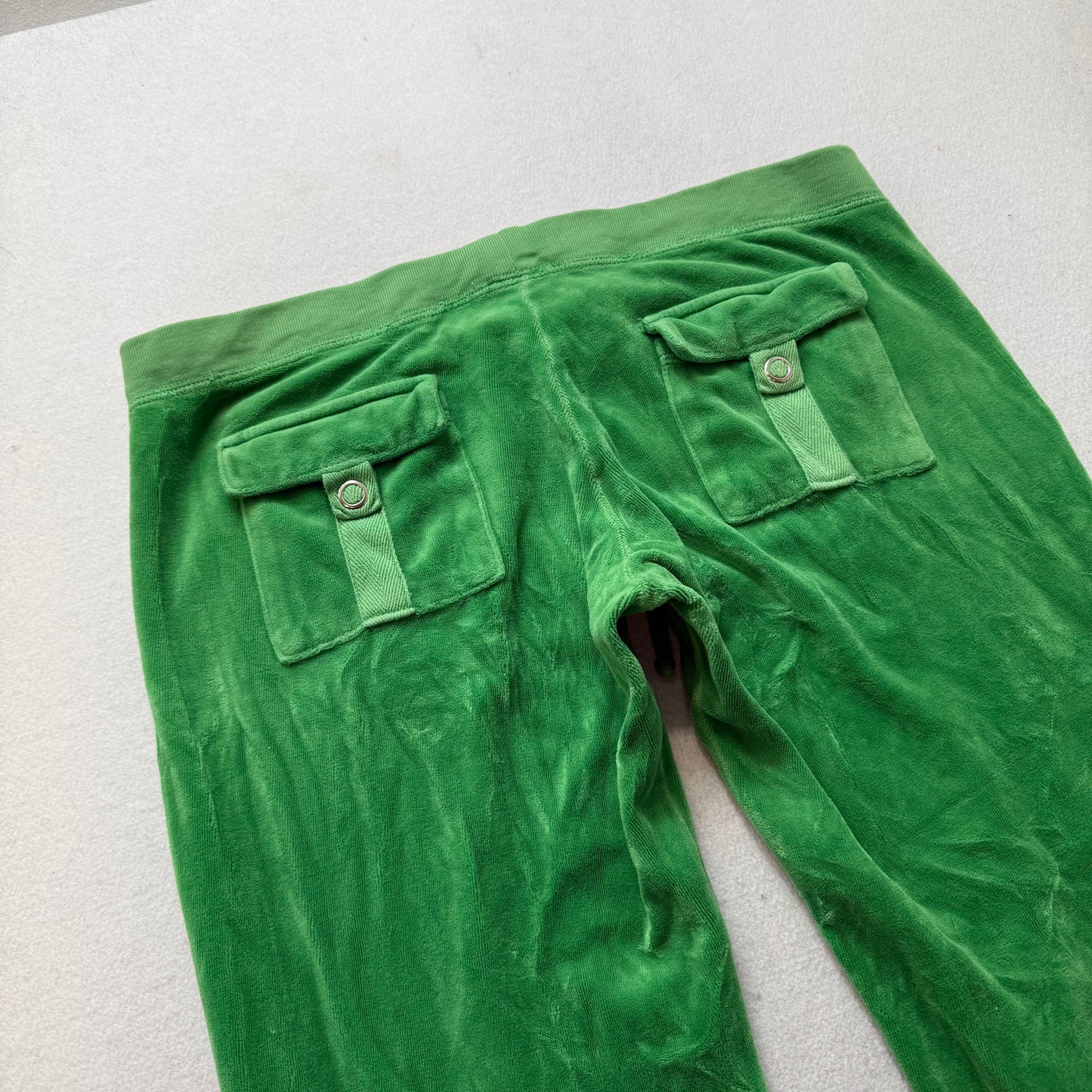 RARE Vintage Juicy Couture Women's Green Velour Flared Track Pant Pockets Size S