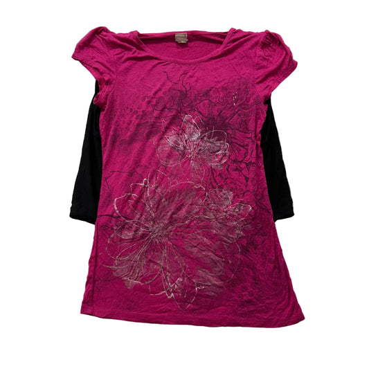 Lamasini Womens Hot Pink Cotton Top Short Sleeves Abstract Floral Graphic Size S