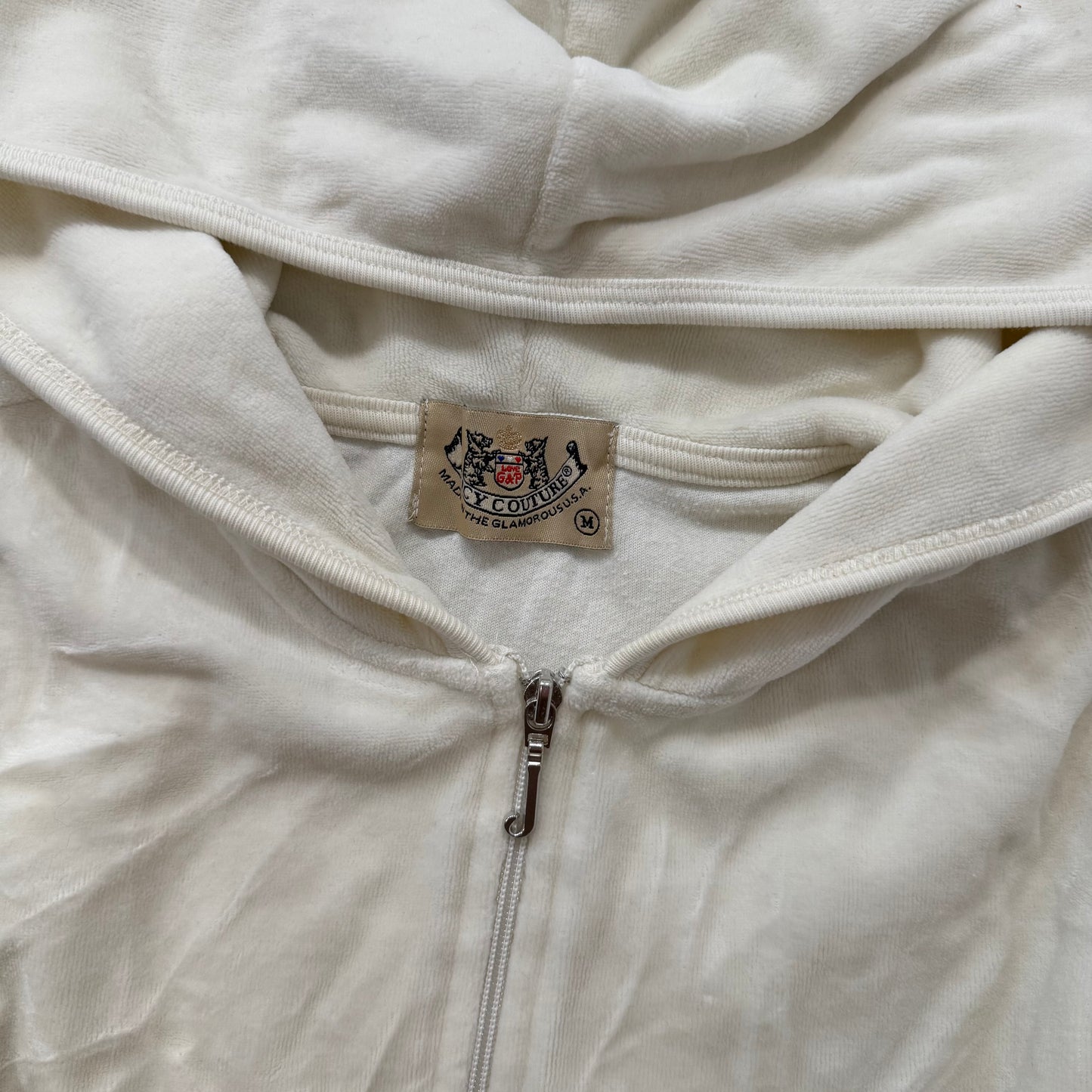 Juicy Couture Women's Ivory Velour Full Zip Hoodie Split Kangaroo Pockets Size M