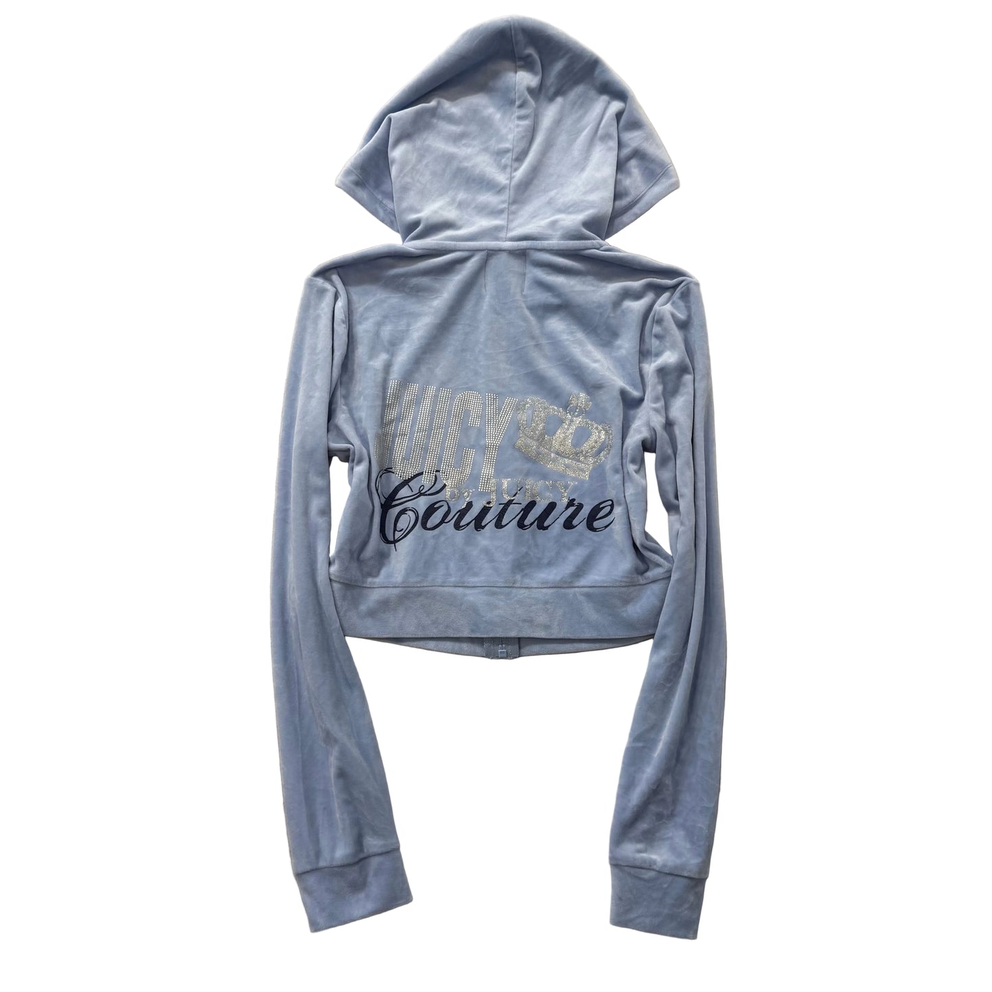 Juicy Couture Women Powder Blue Velour Zip Up Cropped Hoodie Graphic Logo Size S
