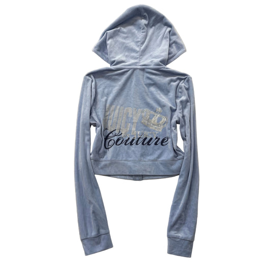 Juicy Couture Women Powder Blue Velour Zip Up Cropped Hoodie Graphic Logo Size S