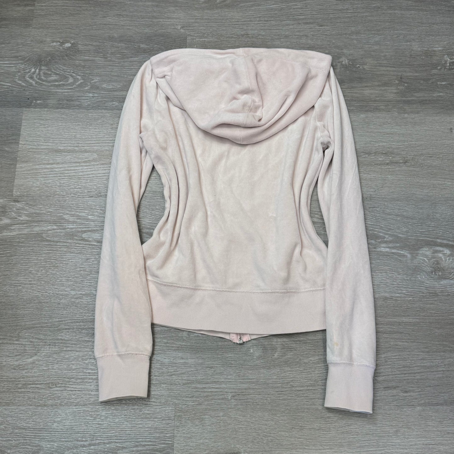 Vintage Juicy Couture Women's Light Pink Velour Zip-Up Hoodie Drawstring Size S