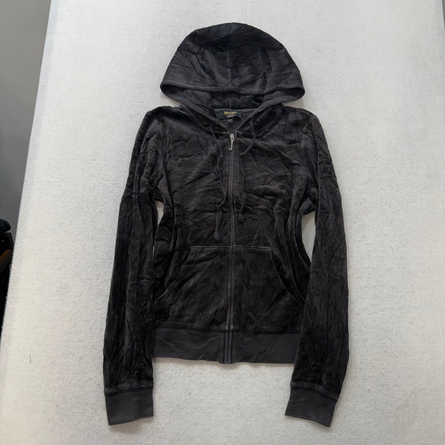 Juicy Couture Faded Black Velour Tracksuit Set Zip Up Hoodie & Flare Pant Size M