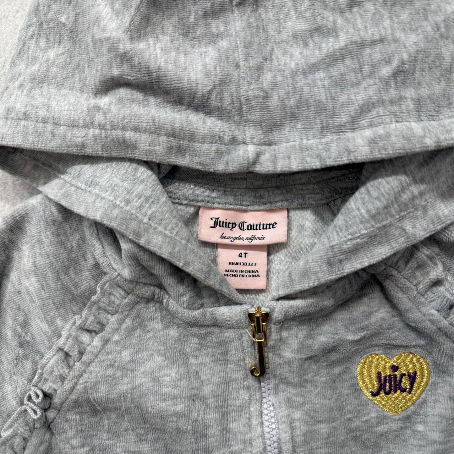 Juicy Couture Girl's Heather Gray Velour Full Zip Hoodie Heart Logo Y2K Size 4T