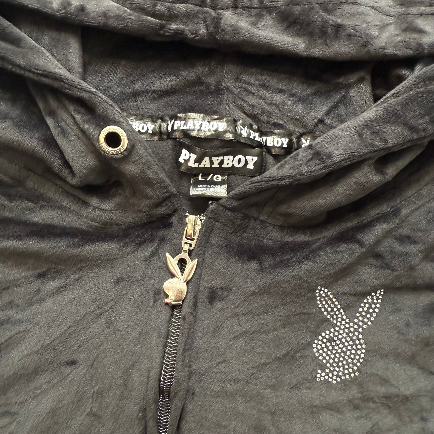 Playboy Women's Black Velour Full Zip Cropped Hoodie Rhinestone Logo Y2K Size L