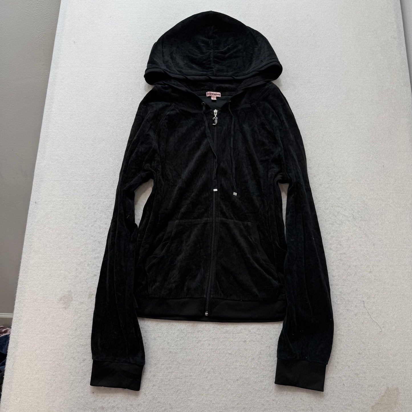 Juicy Couture Women's Black Velour Zip-Up Hoodie Gold Sequins Logo Y2K Size XL