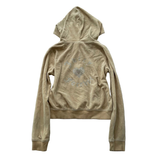 Juicy Couture Women's Tan Velour Full Zip Cropped Hoodie Rhinestones Logo Size S