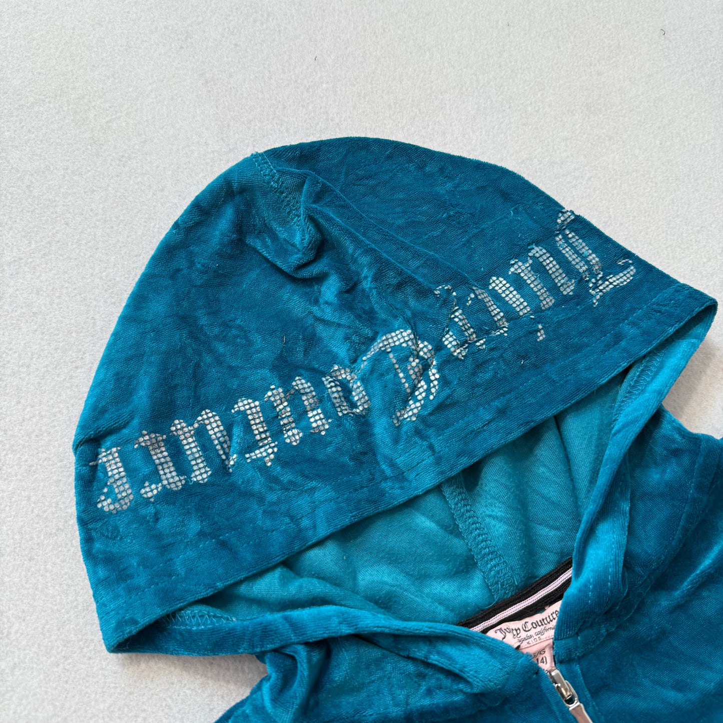 Juicy Couture Women's Turquoise Blue Velour Zip Up Hoodie Ruched Hem Logo Size L