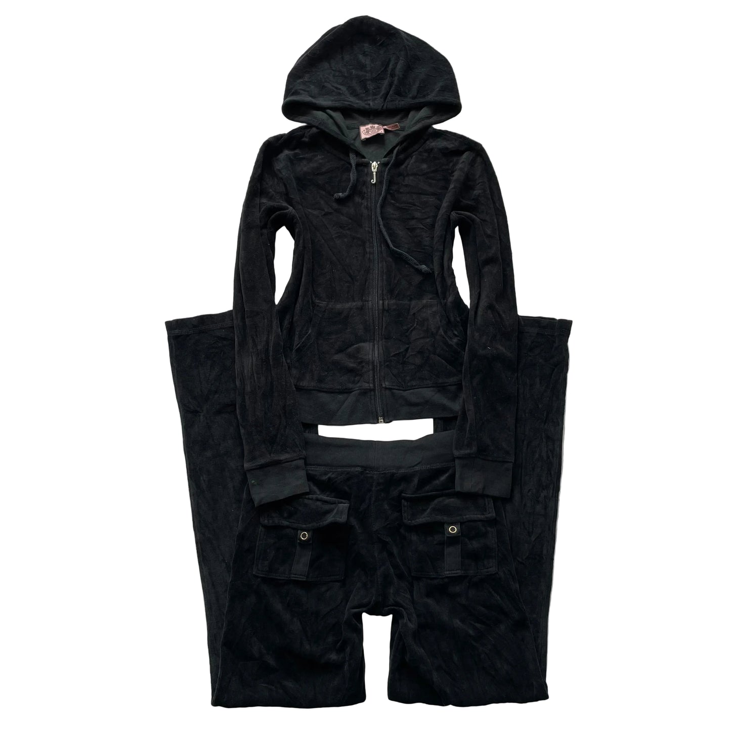 Vintage Juicy Couture Womens Black Velour Tracksuit Set Hoodie & Pant Y2k Size S