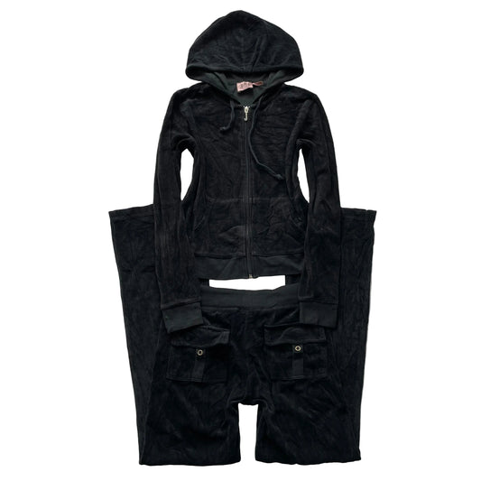 Vintage Juicy Couture Womens Black Velour Tracksuit Set Hoodie & Pant Y2k Size S