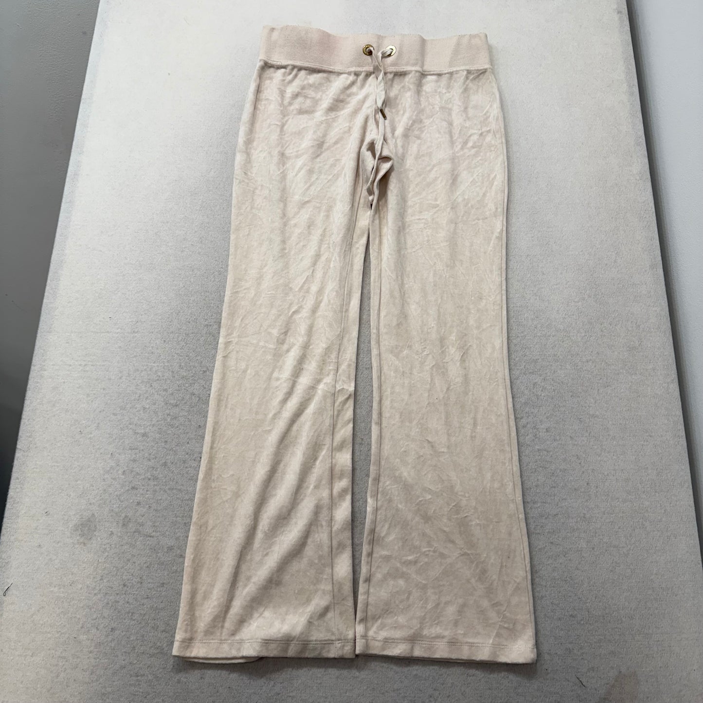 Bebe Women's Cream Velour Flared Track Pant Rhinestones Logo Loungewear Size S