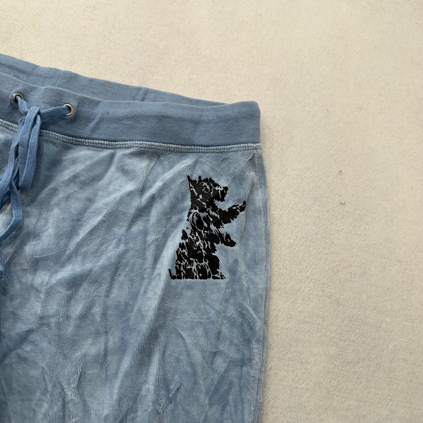 Vintage Juicy Couture Women's Baby Blue Velour Flared Track Pant Logo Y2K Size S