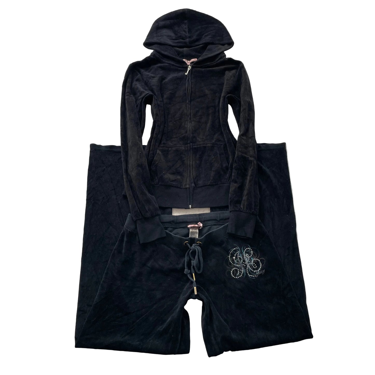 Vtg Juicy Couture Women's Black Velour Tracksuit Set Hoodie & Pant Logo Size L