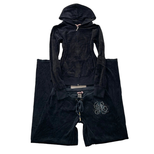 Vtg Juicy Couture Women's Black Velour Tracksuit Set Hoodie & Pant Logo Size L