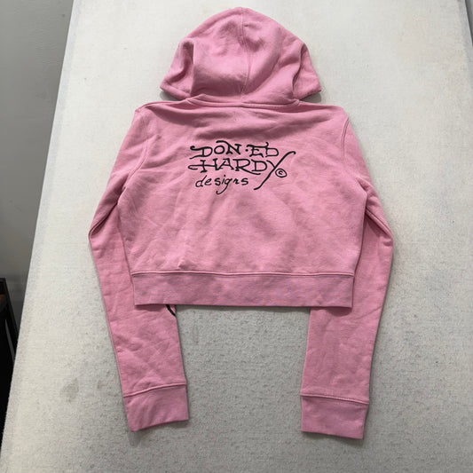 Ed Hardy Women's Baby Pink Velour Full Zip Cropped Hoodie Graphic Logo Size XL