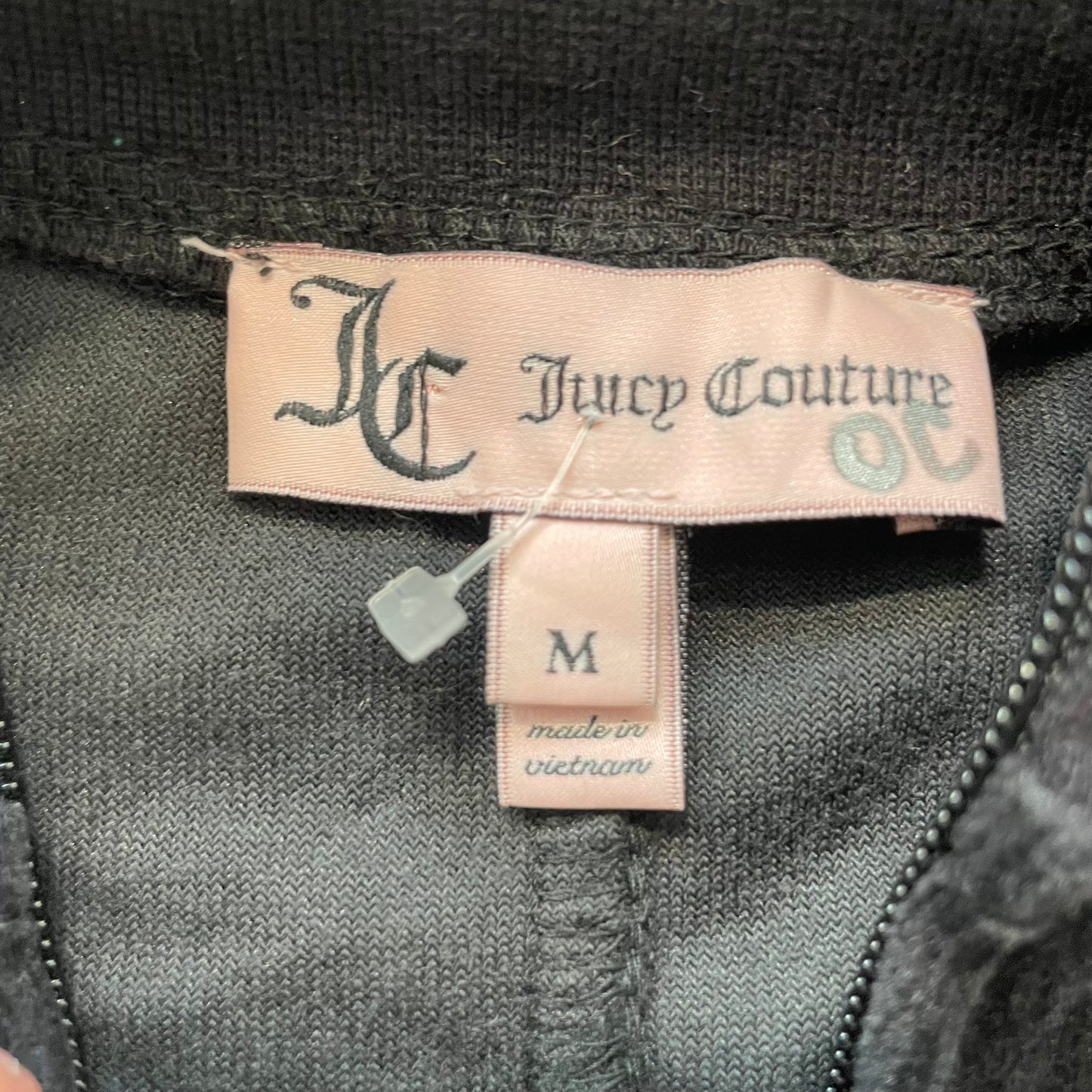 Juicy Couture Womens Black Velour Zip-Up Crop Track Jacket Drawstring Hem Size M