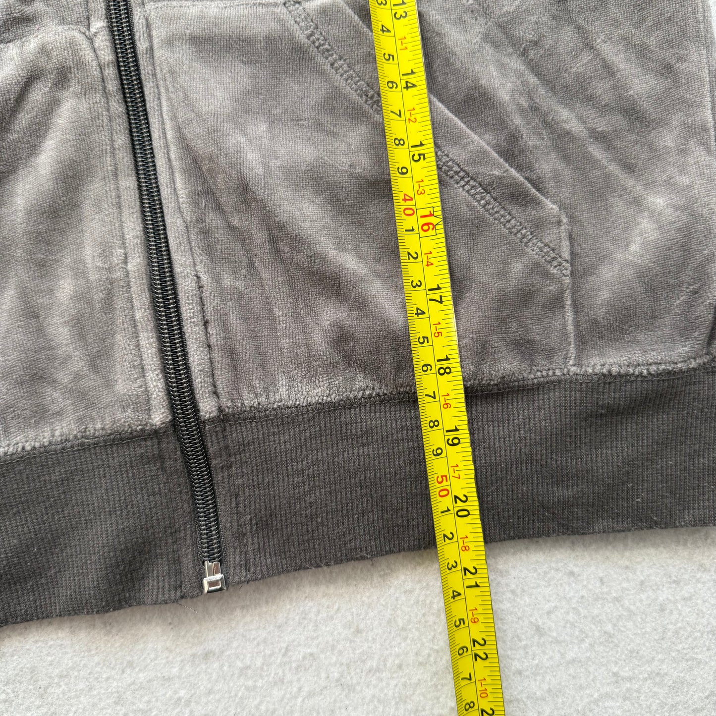 Vintage Juicy Couture Women's Charcoal Grey Velour Zip-Up Hoodie Pockets Size S