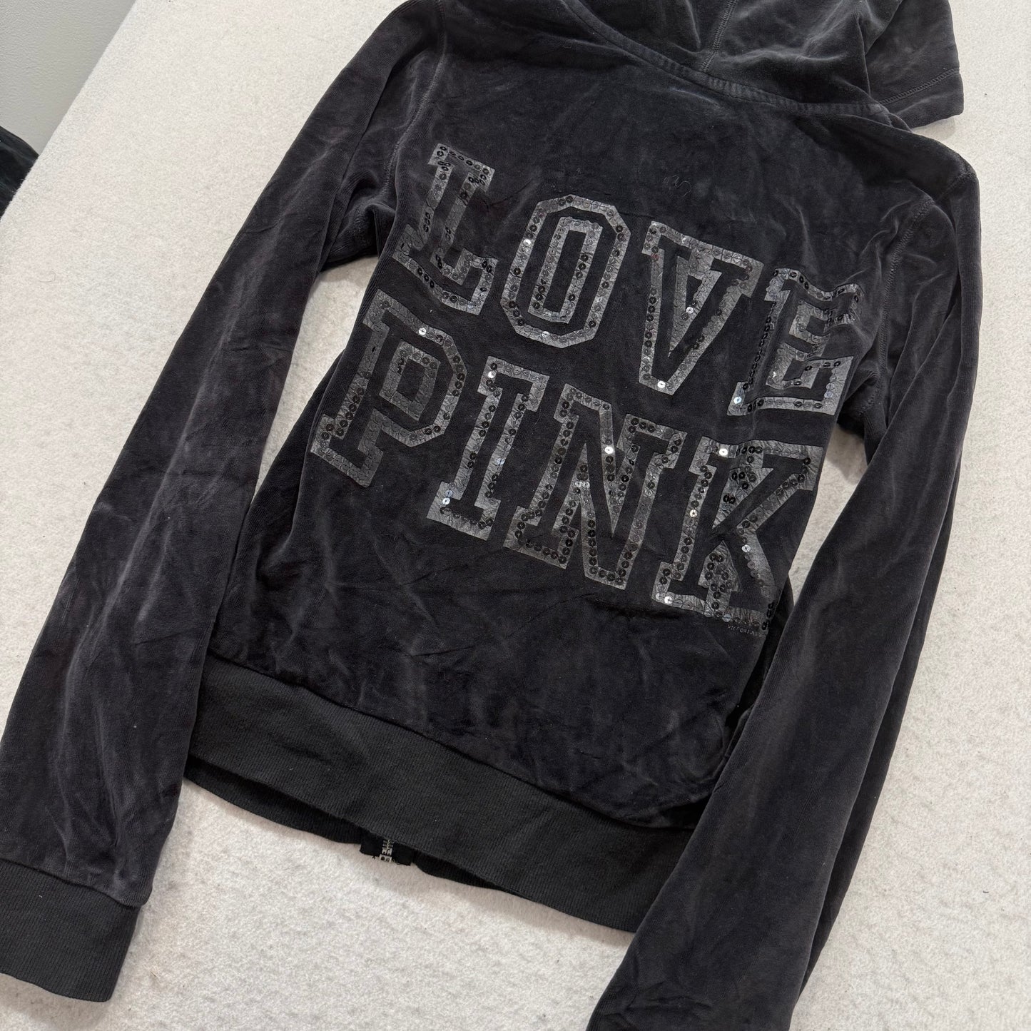 Victoria's Secret PINK Womens Charcoal Velour Full Zip Hoodie Sequin Logo Size L