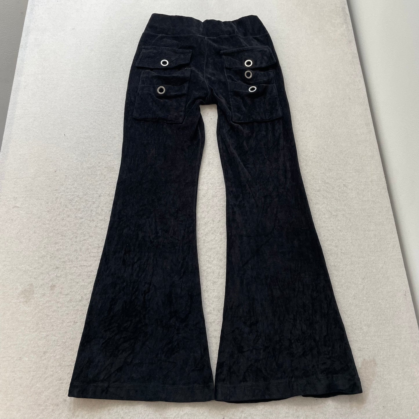 Juicy Couture Women Black Velour Flared Leg Track Pants Back Flap Pockets Size P