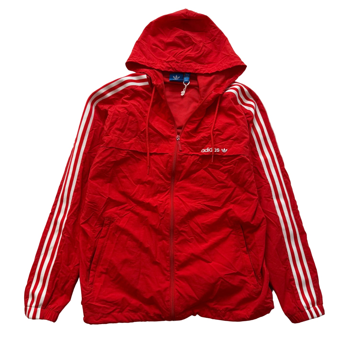 Adidas Men's Bright Red Polyester Zip Up Windbreaker Hoodie 3-Stripe Logo Size L