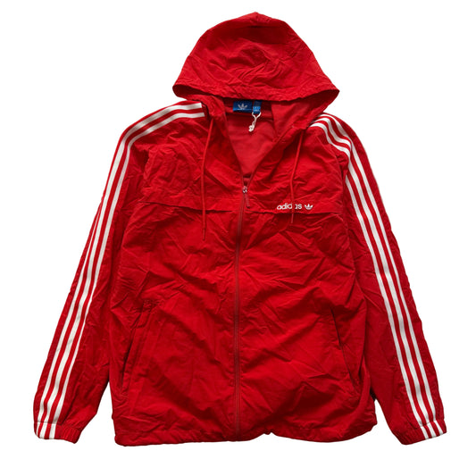 Adidas Men's Bright Red Polyester Zip Up Windbreaker Hoodie 3-Stripe Logo Size L