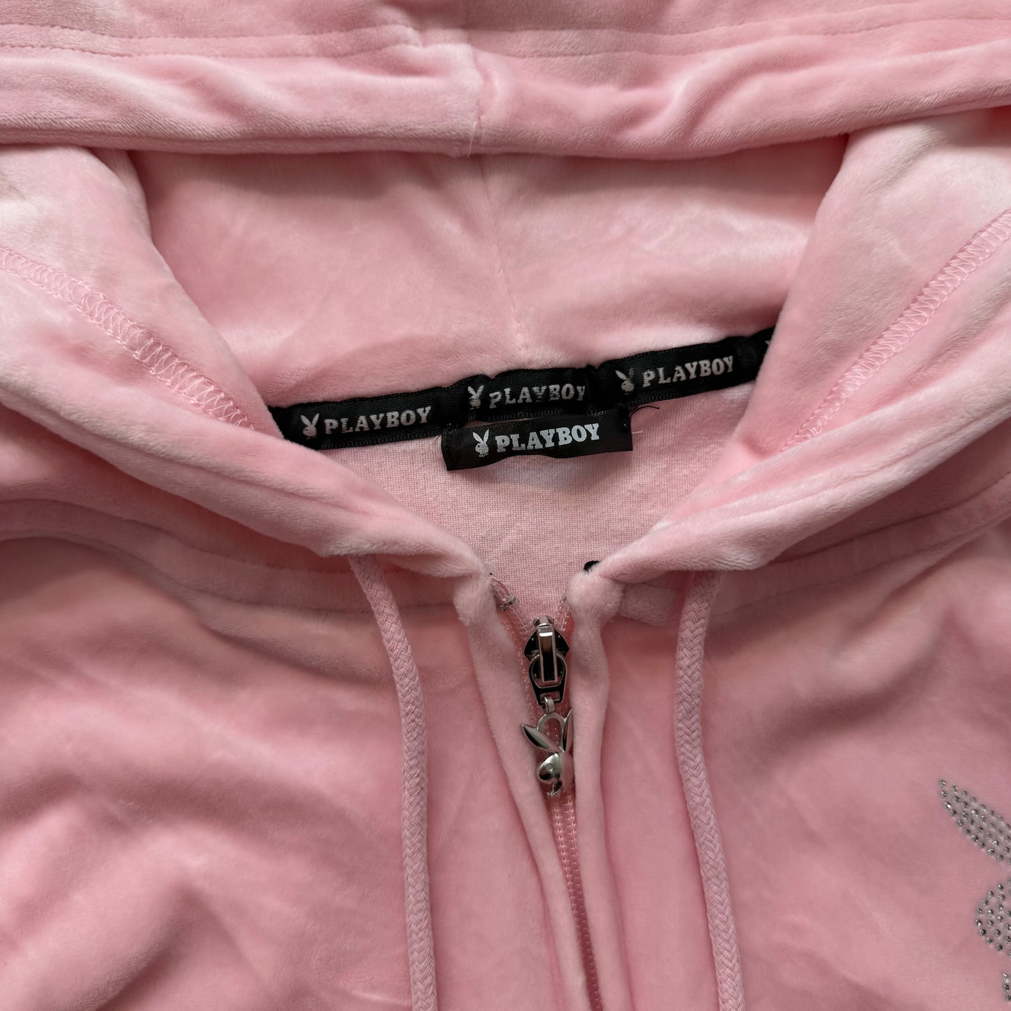 Playboy Womens Pink Velour Zip Up Cropped Fit Hoodie Rhinestones Logo Y2K Size M