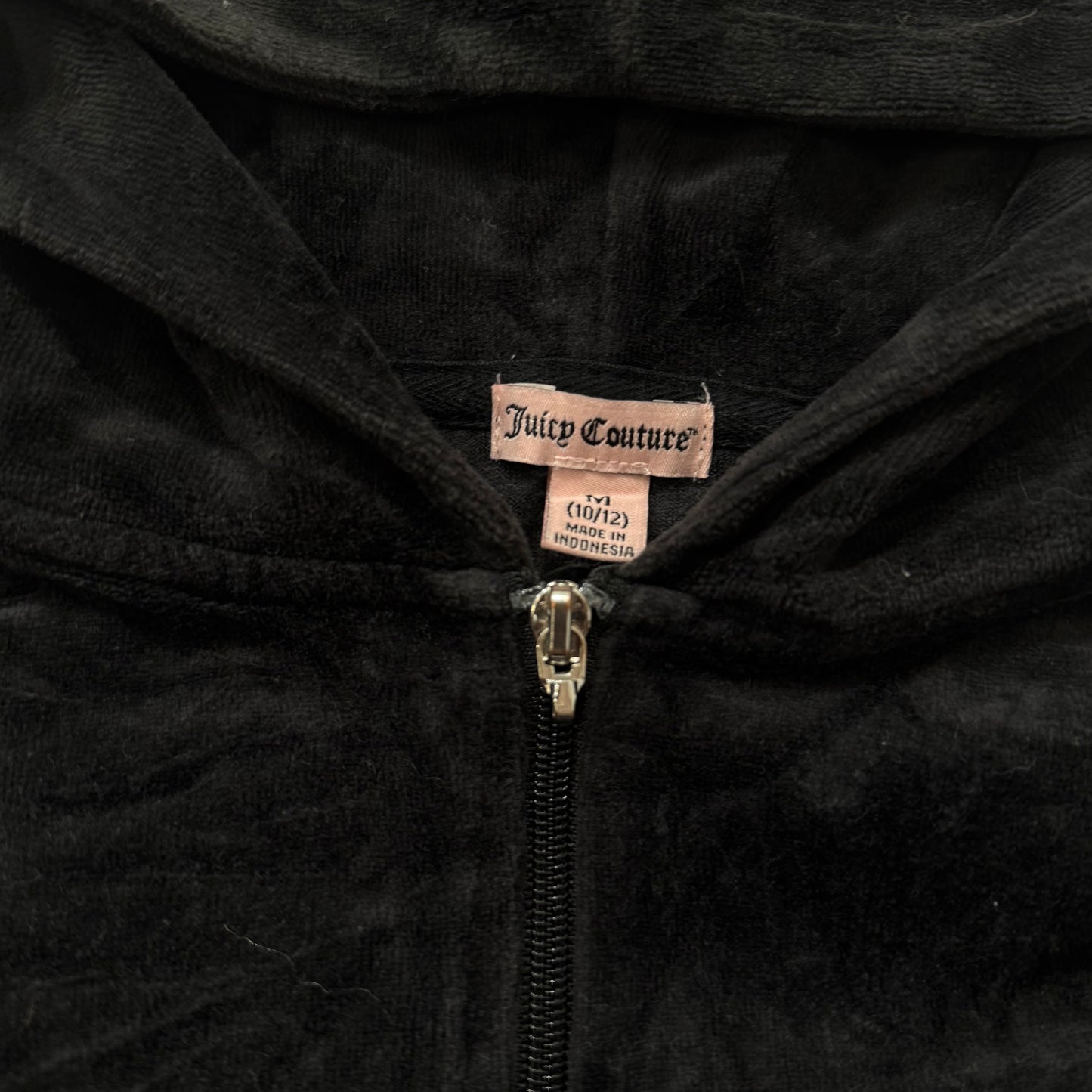 Juicy Couture Women's Black Velour Zip-Up Hoodie Floral Graphic Logo Size 10/12