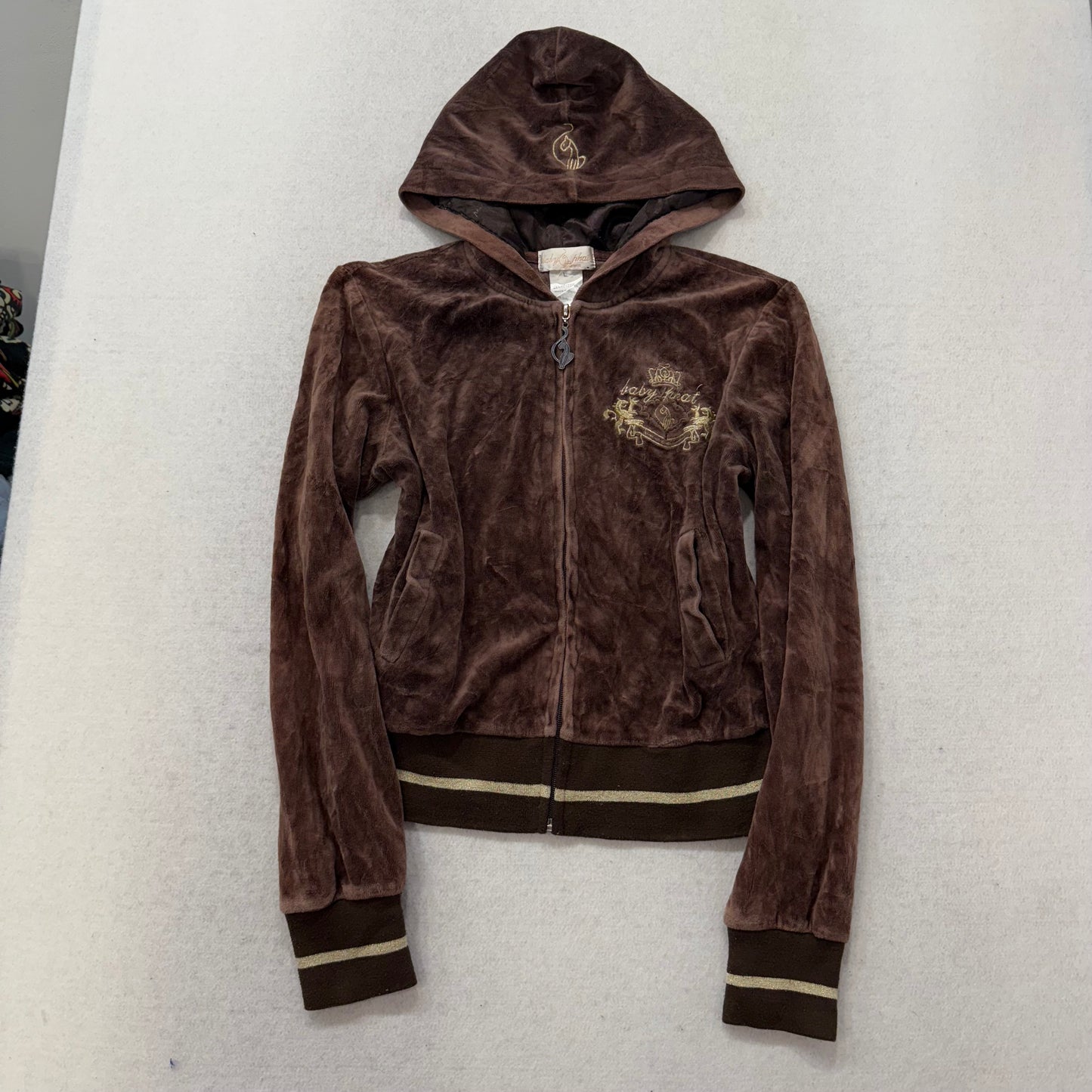 Vintage Baby Phat Womens Brown Velour Zip Up Hoodie Graphic Back Logo Y2K Size L