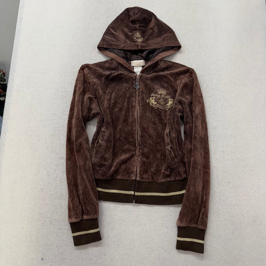 Vintage Baby Phat Womens Brown Velour Zip Up Hoodie Graphic Back Logo Y2K Size L