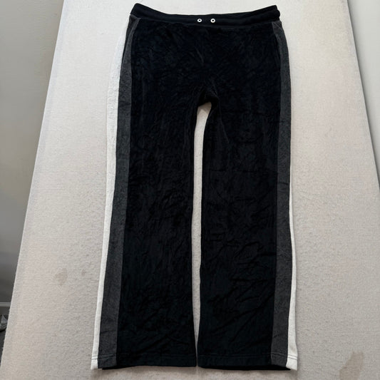 Bebe Women's Black Velour Flared Track Pant Side Striped Rhinestone Logo Size XL
