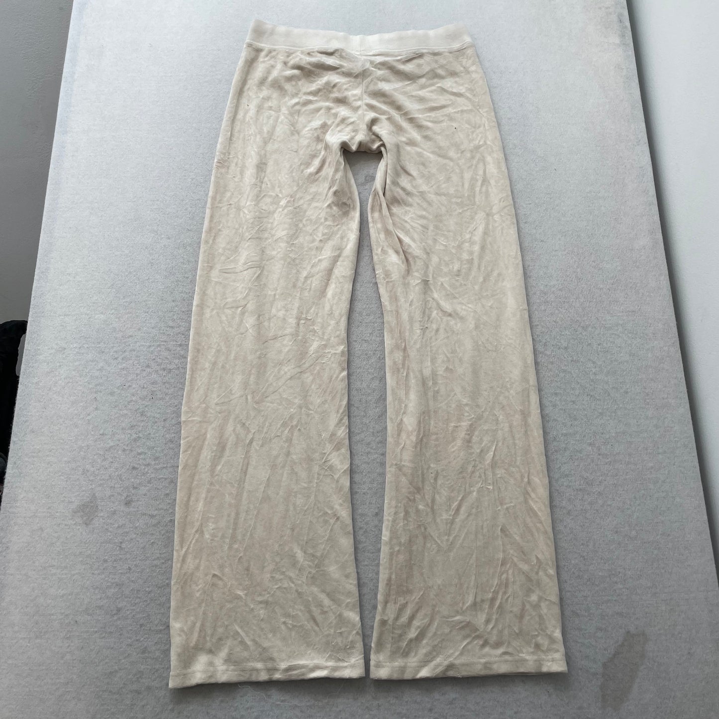 Vtg Juicy Couture Women's Cream Velour Flared Track Pant Rhinestones Logo Size S