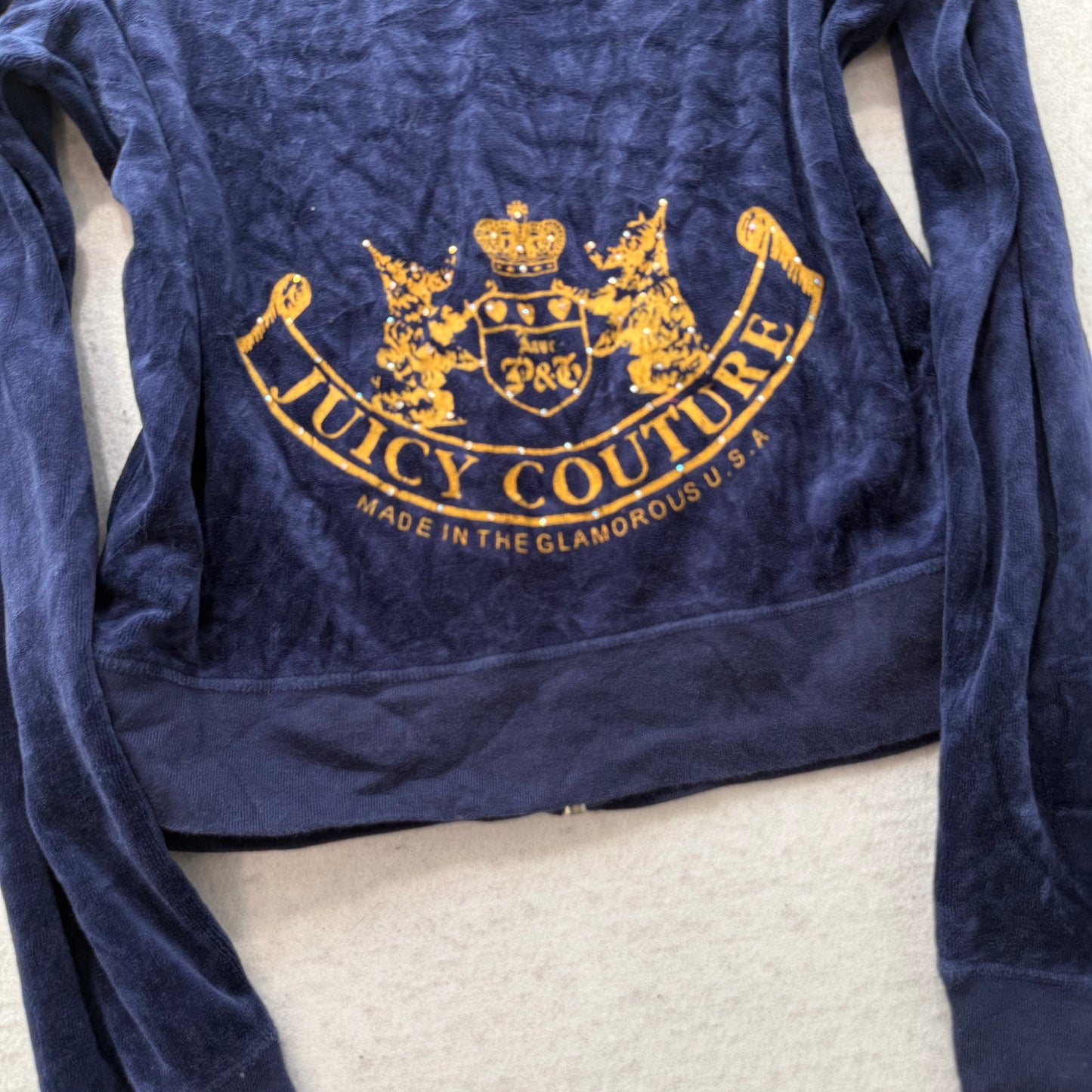 Vintage Juicy Couture “Scottie Dogs” Women Navy Blue Velour Zip Up Hoodie Size L