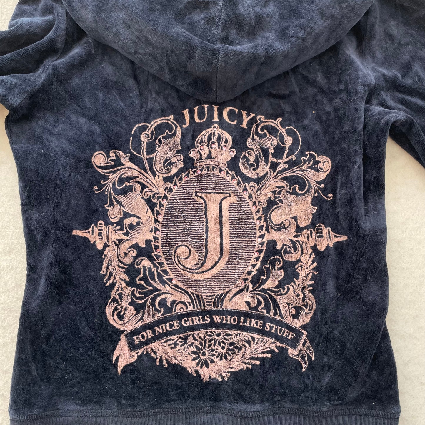 Vintage Juicy Couture Womens Navy Velour Zip-Up Hoodie Back Graphic Print Size S