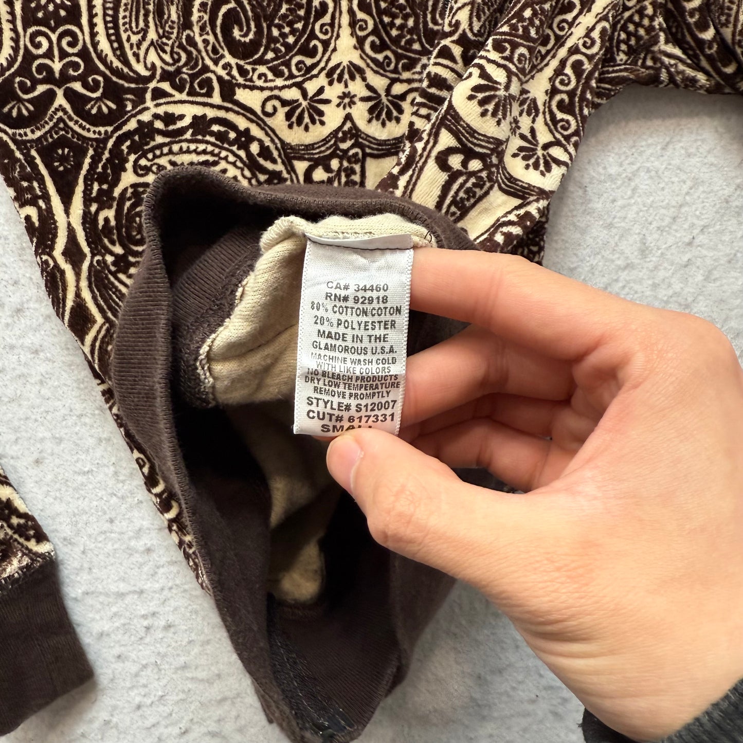 RARE 2003 Vtg Juicy Couture Brown Paisley Velour Hoodie All-Over Pattern Size S