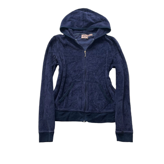 Juicy Couture Women's Navy Velour Zip-Up Hoodie Drawstring Pockets Y2K Size XL