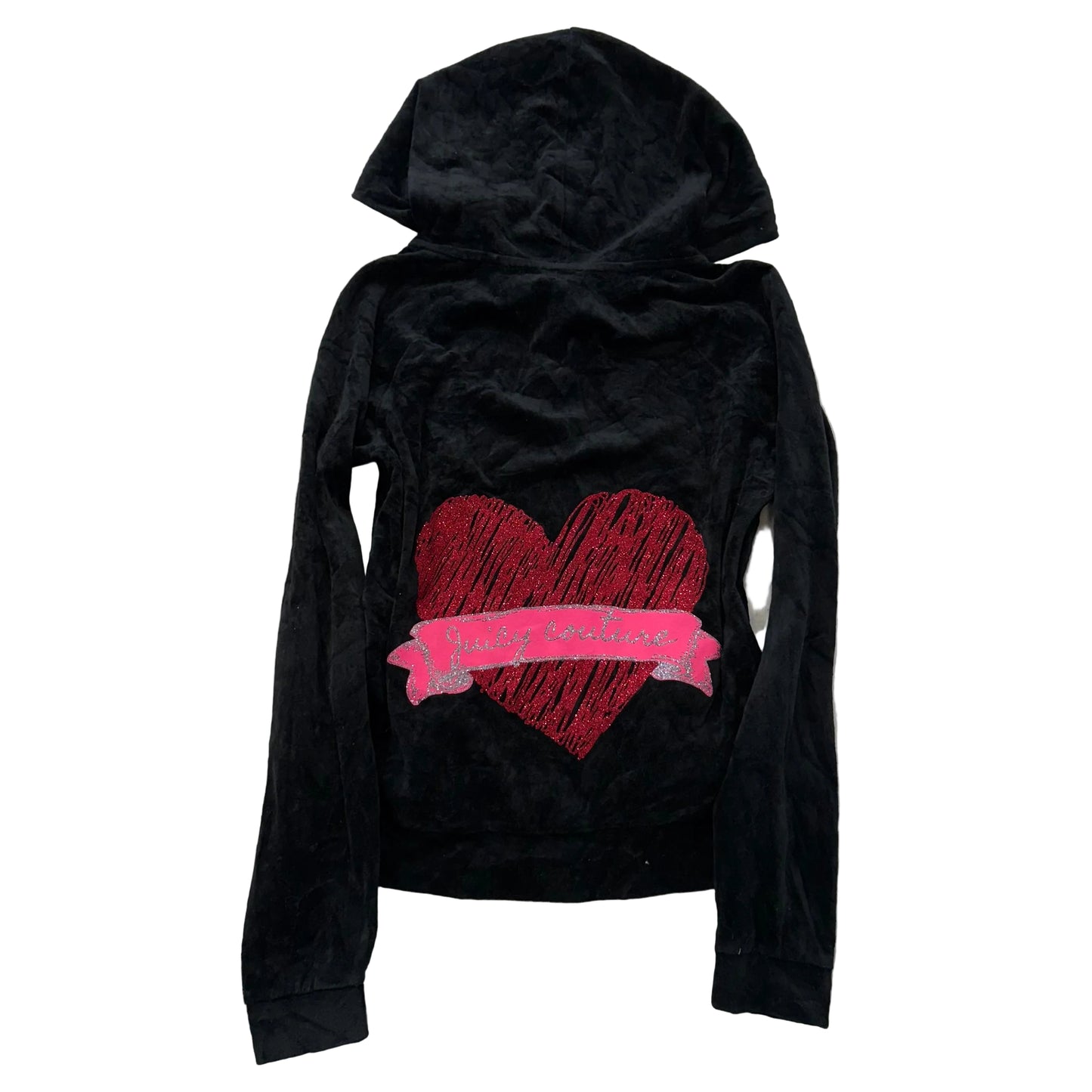 Juicy Couture Women's Black Velour Full Zip Hoodie Glitter Heart Logo Y2K Size L