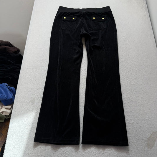 Juicy Couture Women's Black Velour Flared Track Pants Back Snap Pockets Size L