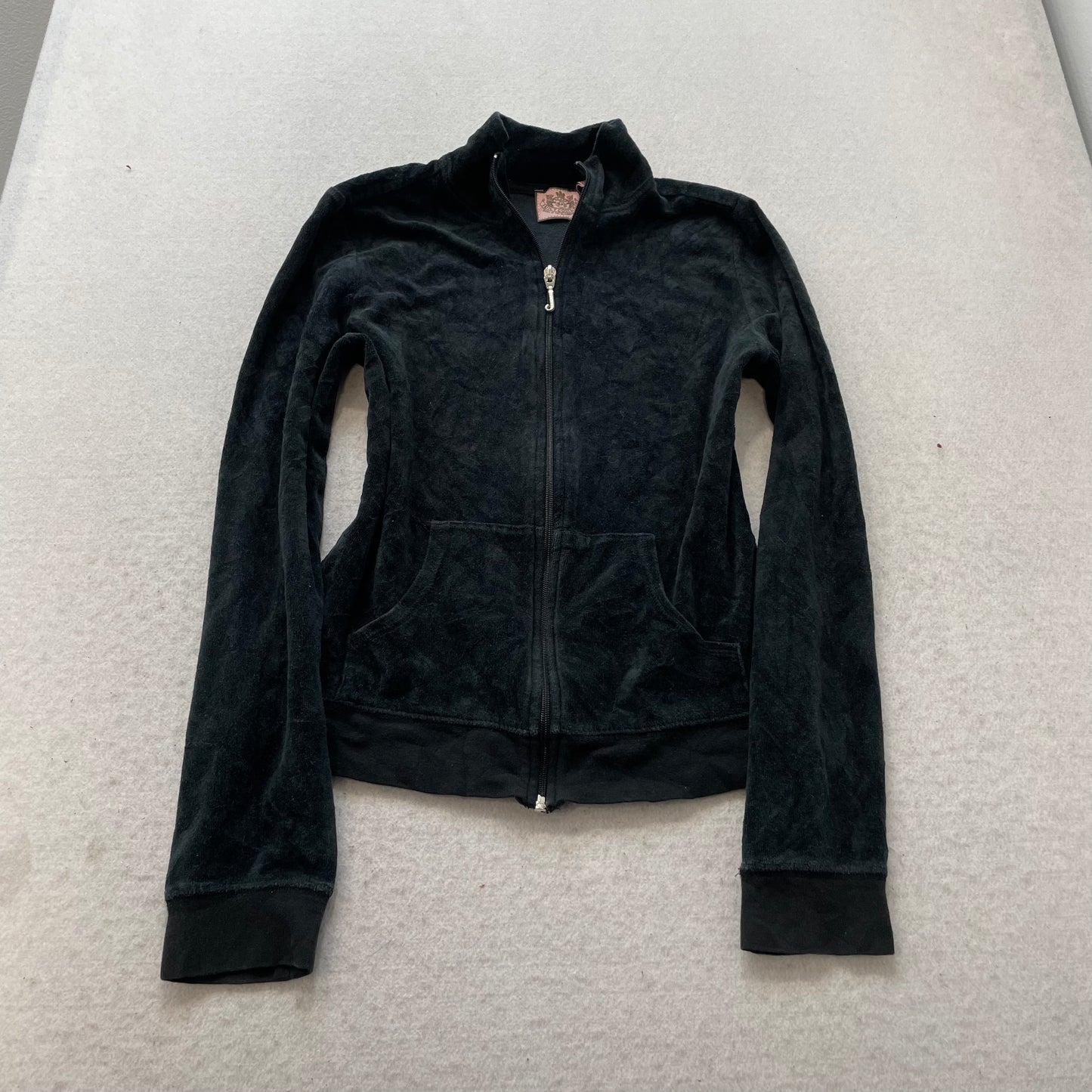 Juicy Couture Women's Black Velour Zip-Up Track Jacket Crown Logo Graphic Size M