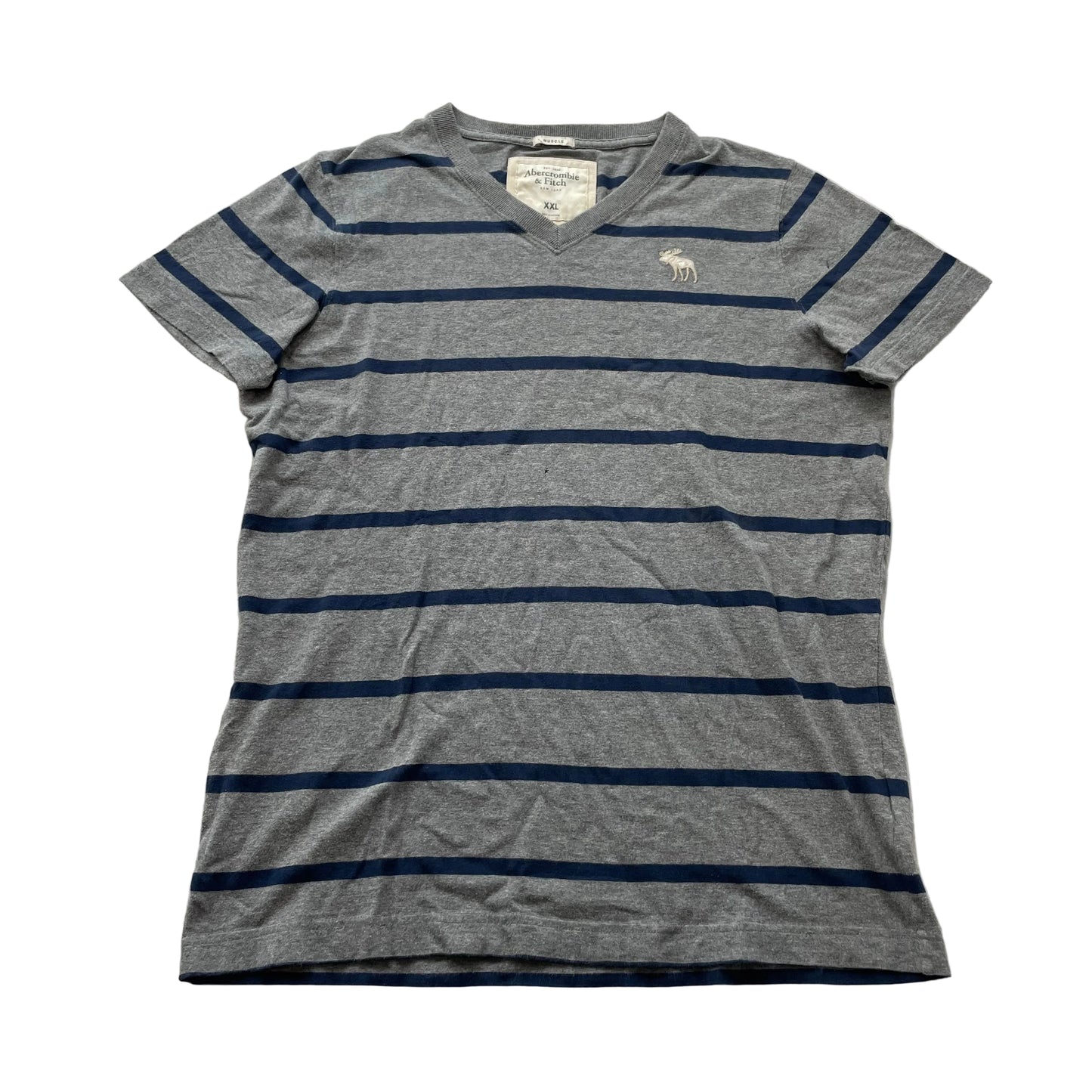 Abercrombie & Fitch Muscle T-Shirt Men Gray Blue Striped V-Neck Moose logo - 2XL