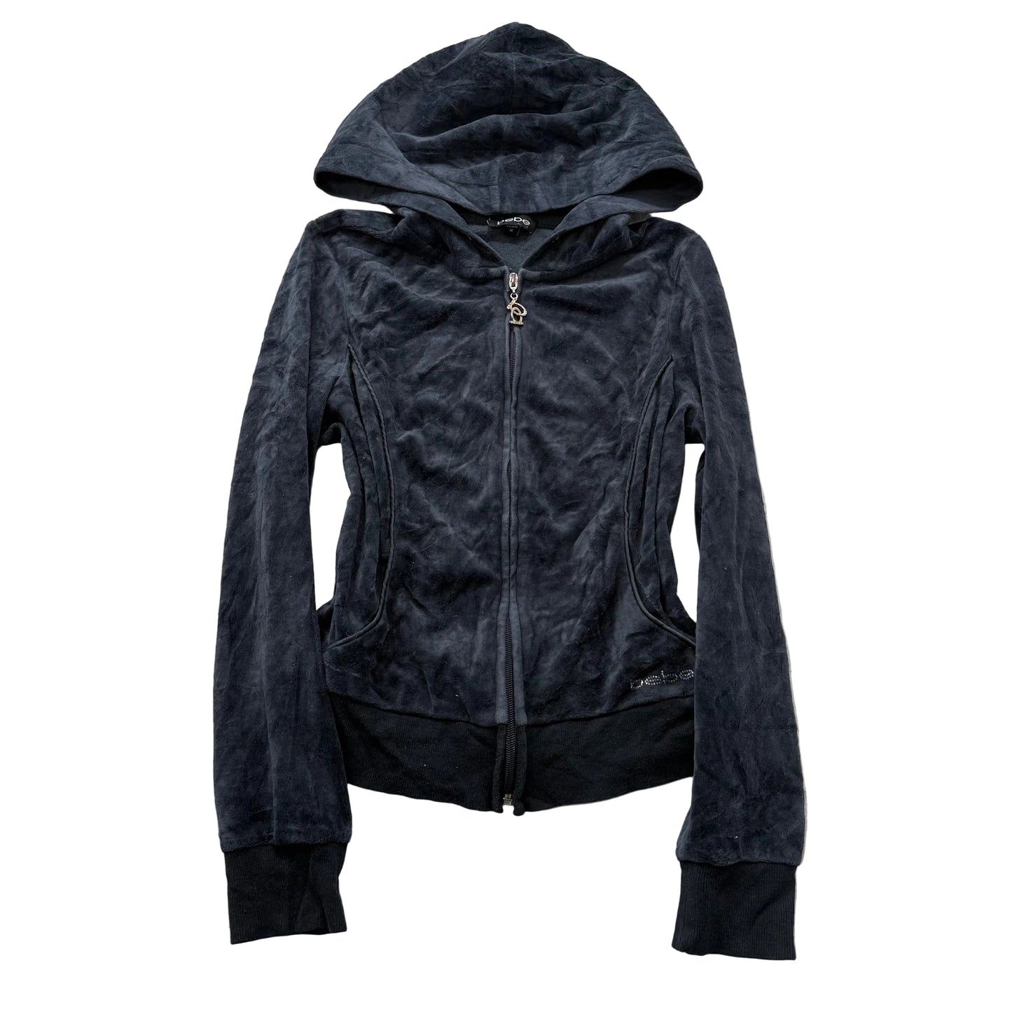 Bebe Women's Charcoal Gray Velour Zip-Up Hoodie Rhinestones Logo Pockets Size M