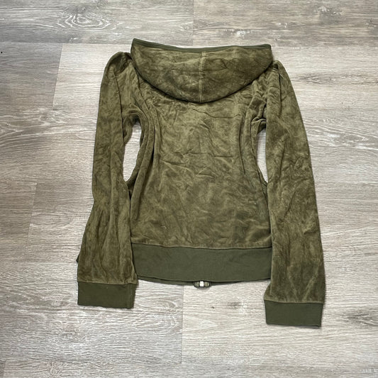 Vintage Juicy Couture Women's Olive Green Velour Zip-Up Hoodie Loungewear Size L