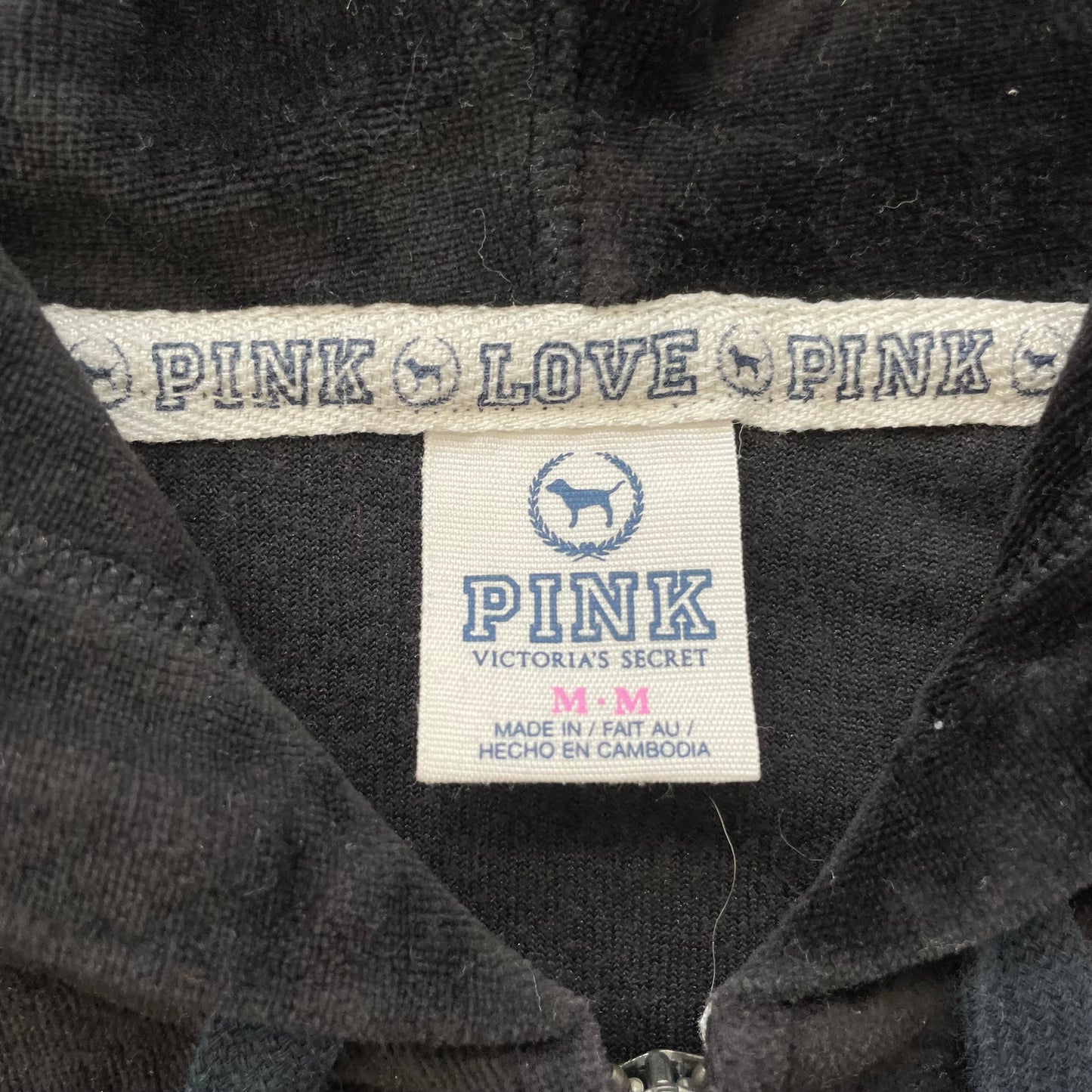 Victoria's Secret PINK Women's Black Velour Zip-Up Hoodie Sequin Logo Y2k Size M