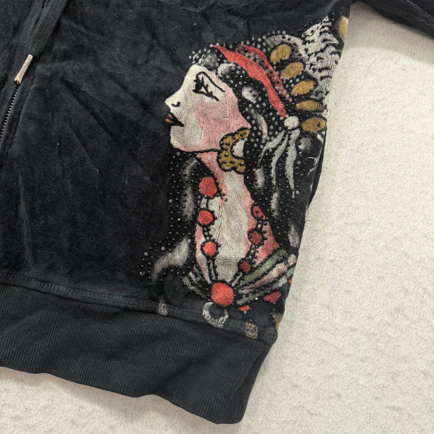 Ed Hardy Roses Gypsy Women's Black Velour Zip-Up Hoodie Tattoo Print Logo Size L