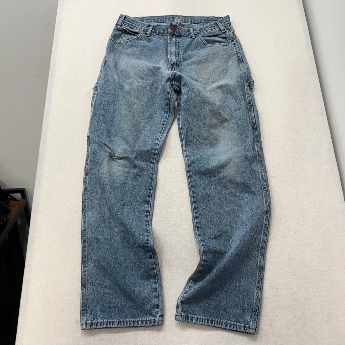Dickies Men Blue Denim Distressed Carpenter Jeans Workwear Tool Pockets Waist 33