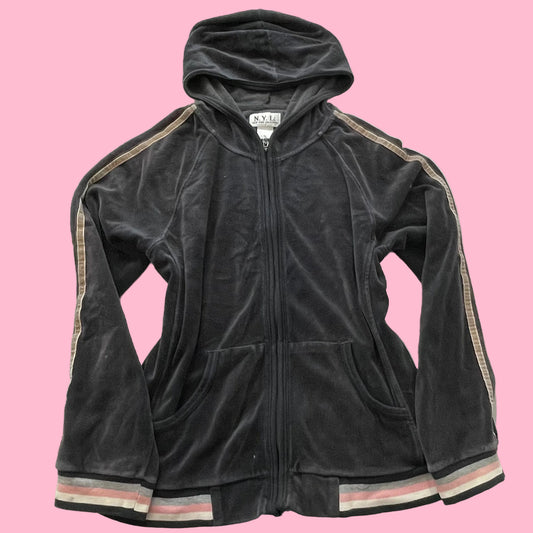 N.Y.L. New York Laundry Womens Gray Velour Zip-Up Hoodie Striped Sleeves Size XL