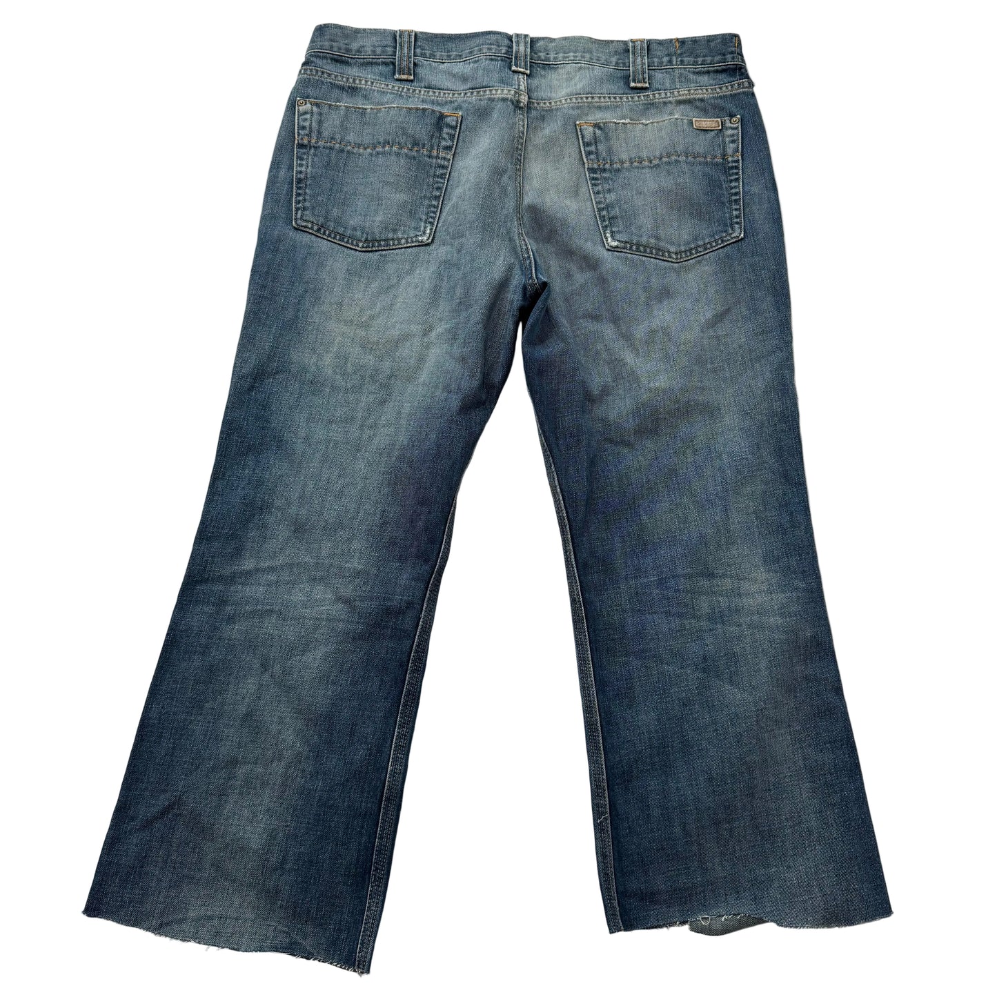 Carhartt Men's Medium Wash Blue Denim Relaxed Bootcut Jeans Raw Hem Y2K Size 40